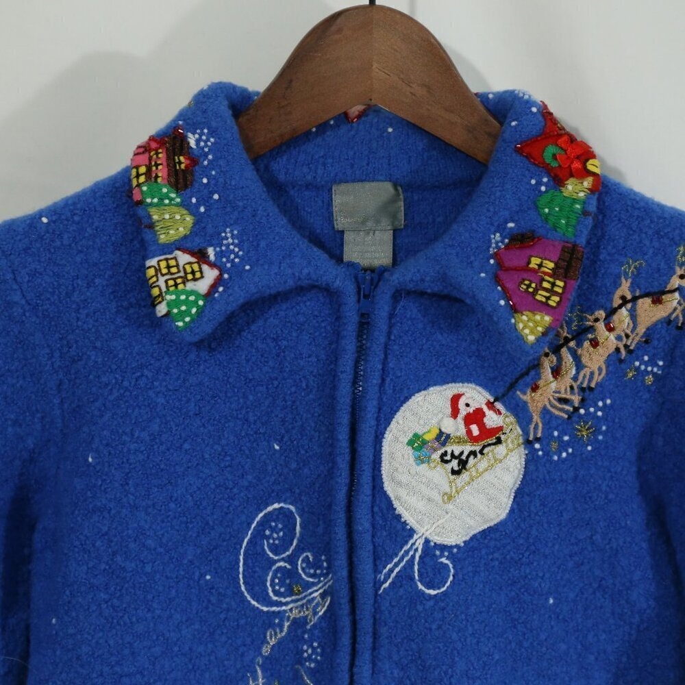 Kids Christmas Sweater Cardigan Blue Beaded Santa Reindeer Holiday Village Small - Picture 2 of 7